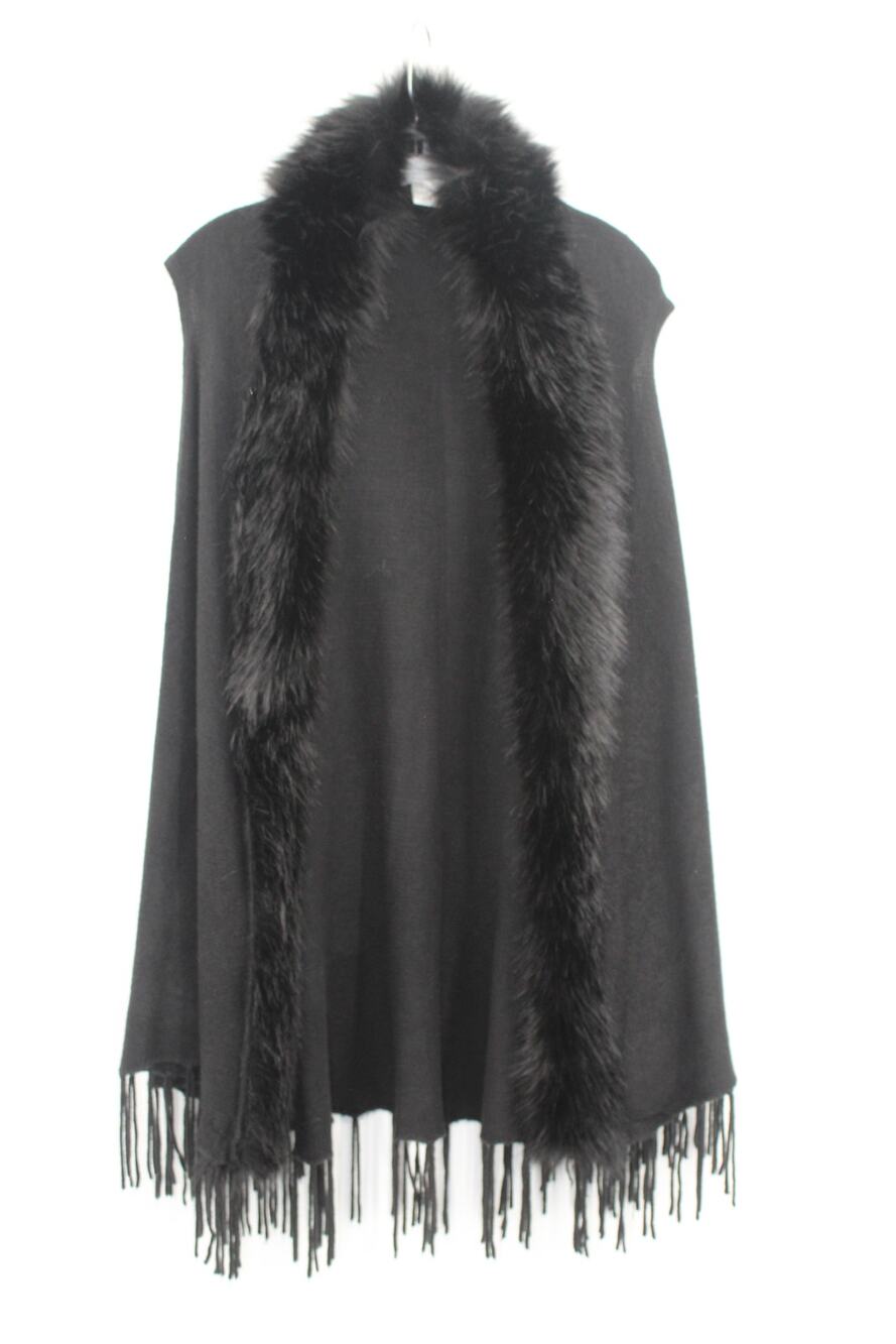 Origami by Vivien Cardigan Sweater Vest Faux Fur Fringe Trim Blaxk L XL
